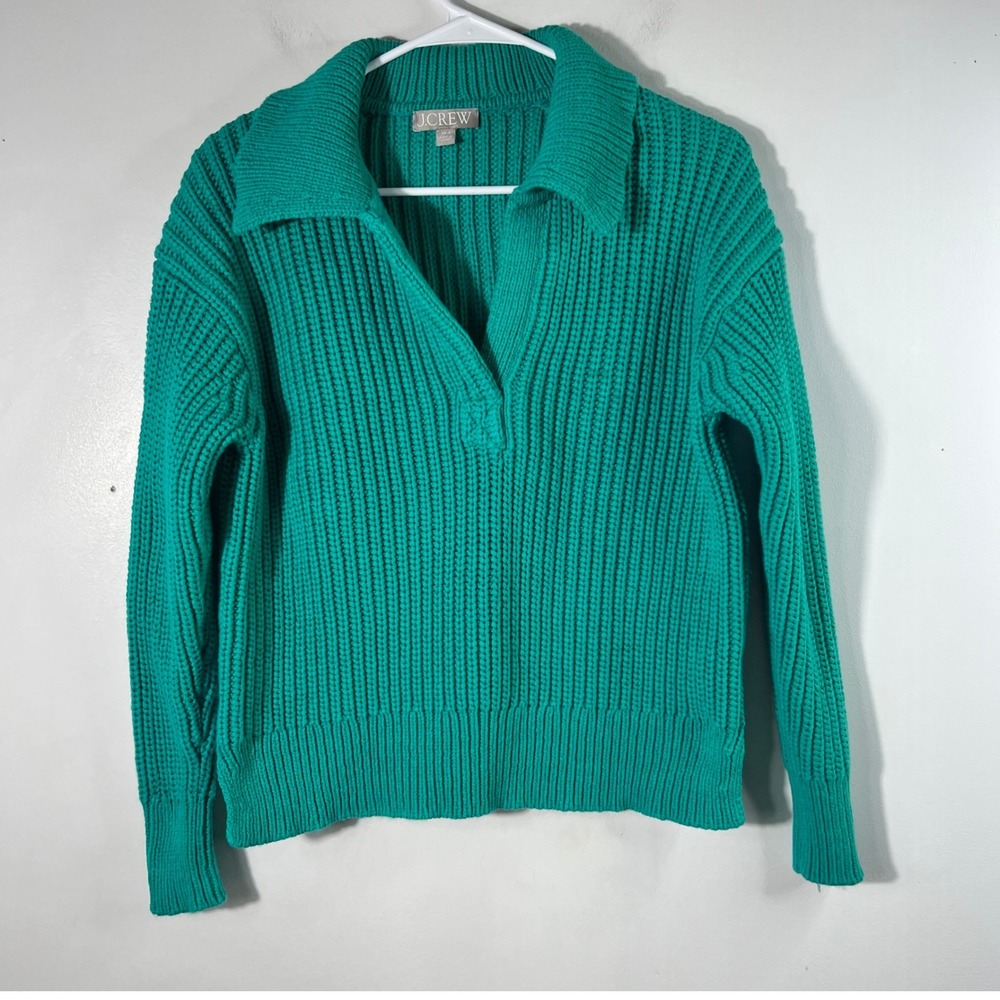 J Crew Ribbed Cotton Johnny Collar Sweater Polo Chunky V Sweater Green XS-S